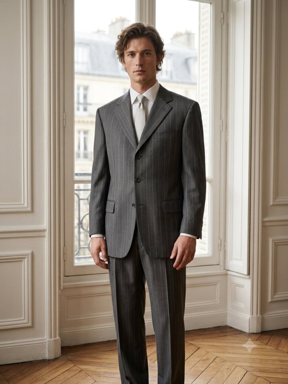 Milano Moda Men's Gray Pinstripe Blazer and Trousers Suit 46L/42x30